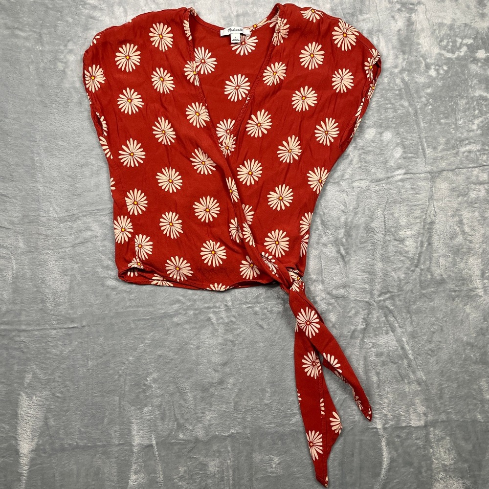 Madewell Wrap Top Women Red Daisy Daydream Slash Side Tie V-Neck Cropped S